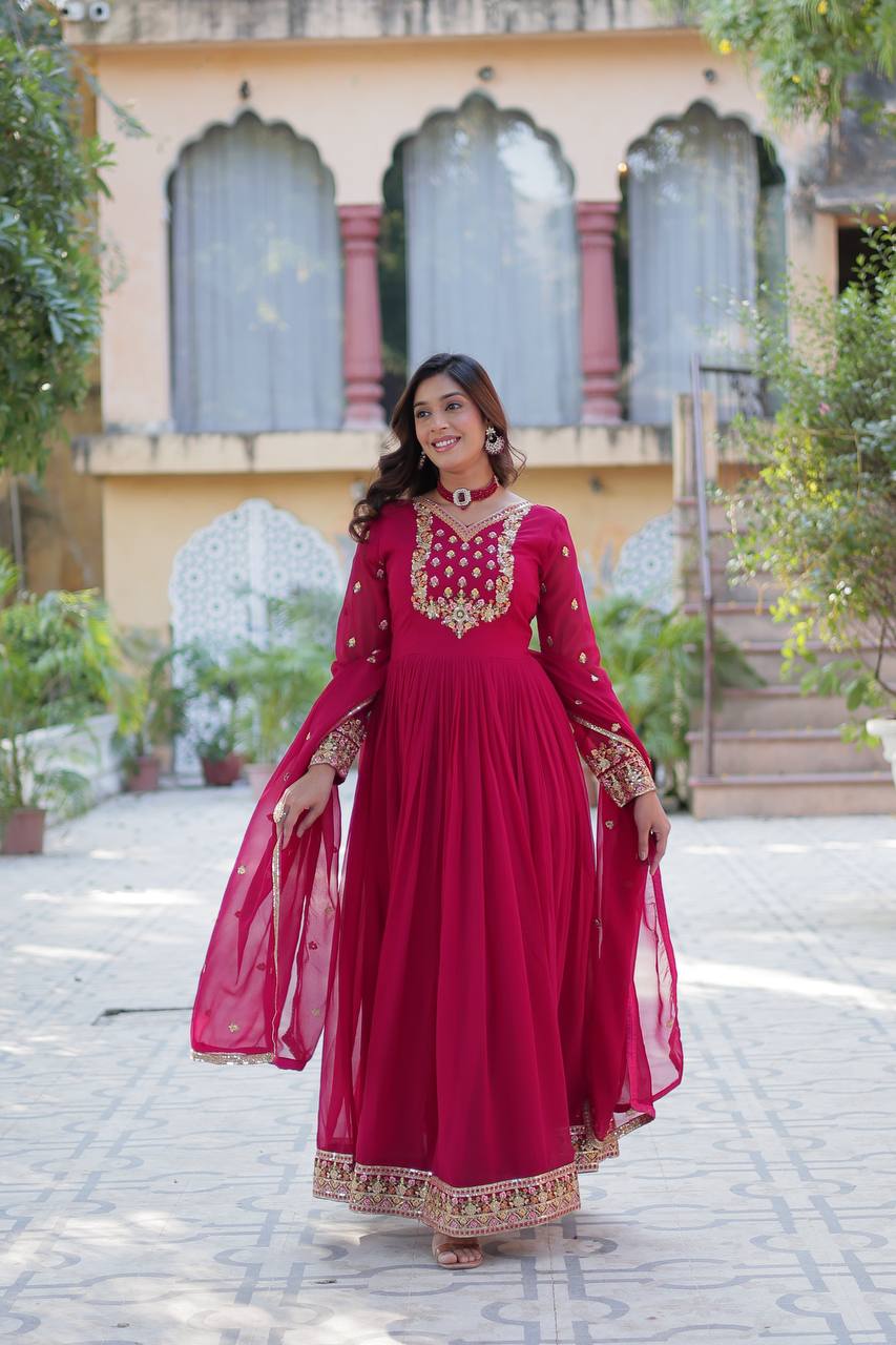 Premium Faux Blooming Georgette Embroidered Gown with Dupatta