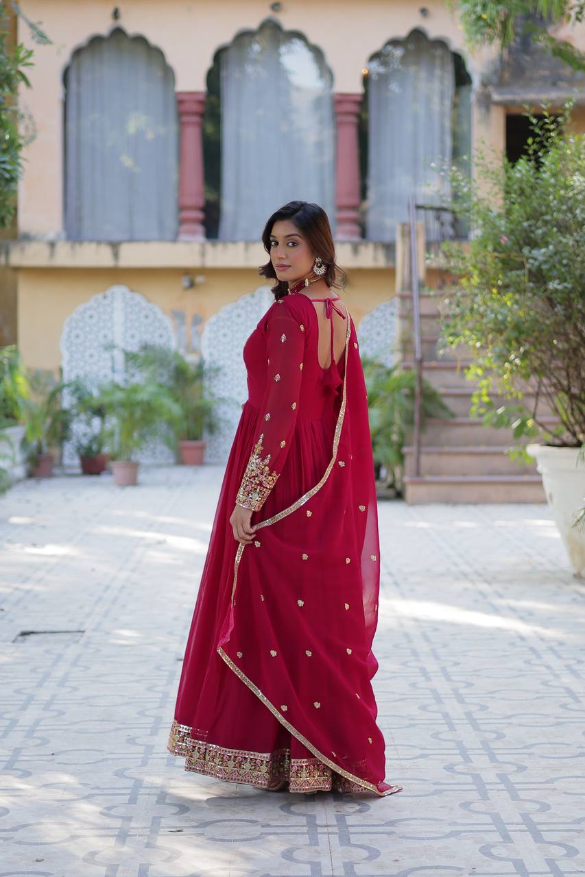Premium Faux Blooming Georgette Embroidered Gown with Dupatta
