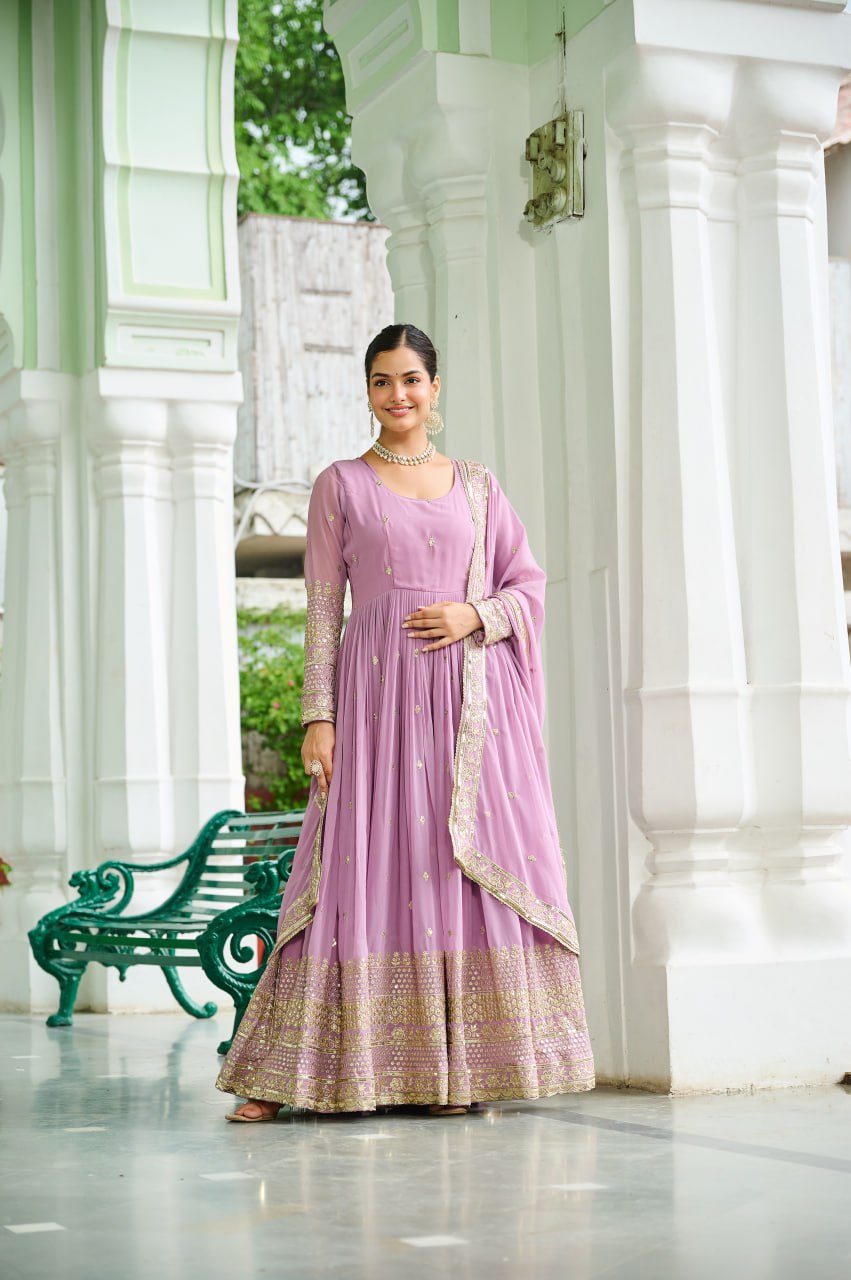 Designer Embroidered Faux Georgette Gown Dupatta Set