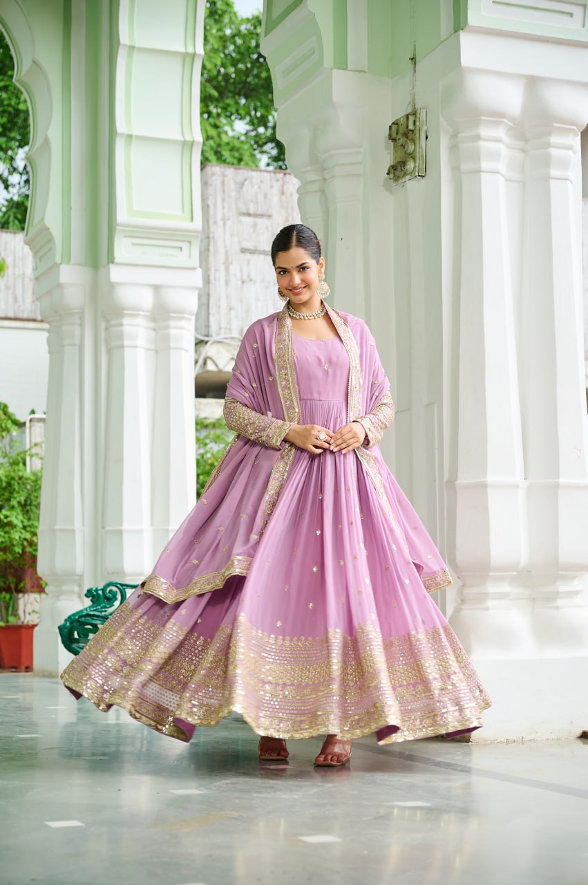 Designer Embroidered Faux Georgette Gown Dupatta Set
