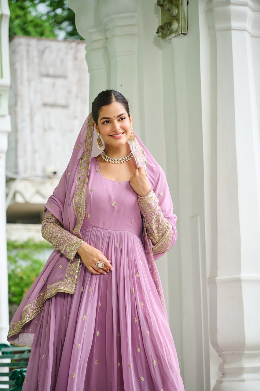 Designer Embroidered Faux Georgette Gown Dupatta Set