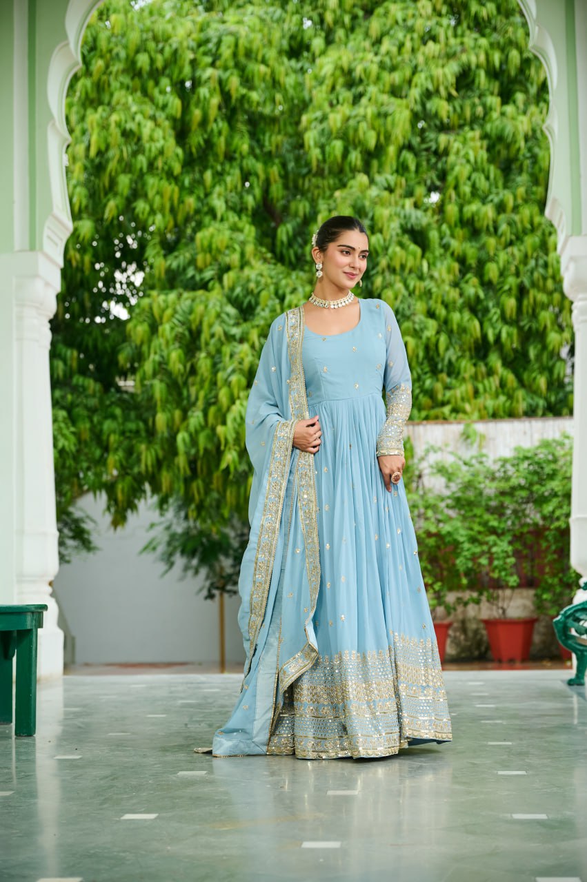 Designer Embroidered Faux Georgette Gown Dupatta Set