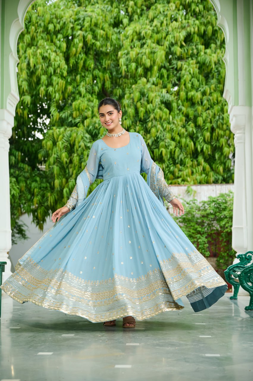 Designer Embroidered Faux Georgette Gown Dupatta Set