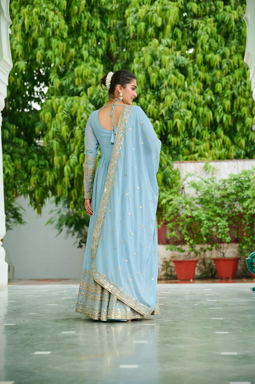 Designer Embroidered Faux Georgette Gown Dupatta Set
