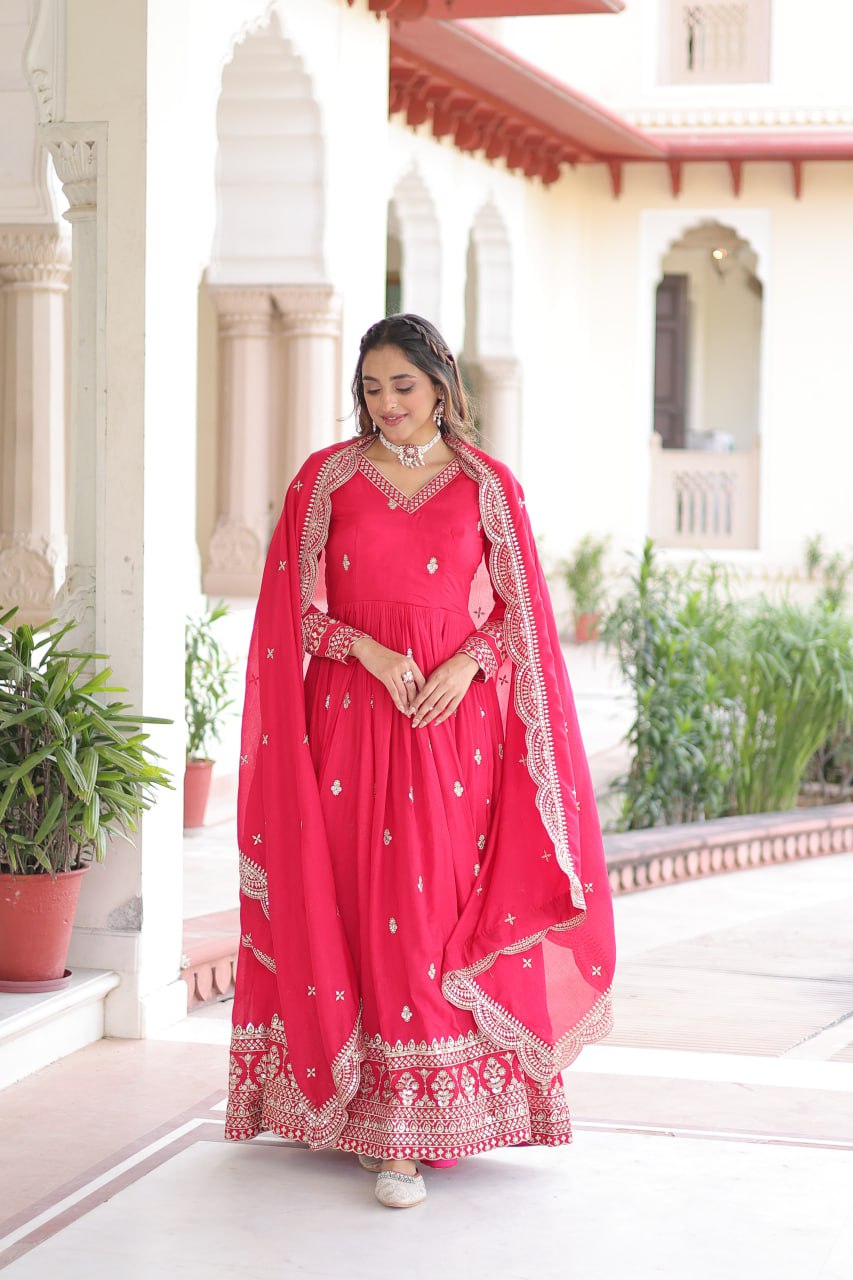 Premium Rani Vichitra Silk Gown with Dupatta for Women – Ethnic Party Wear