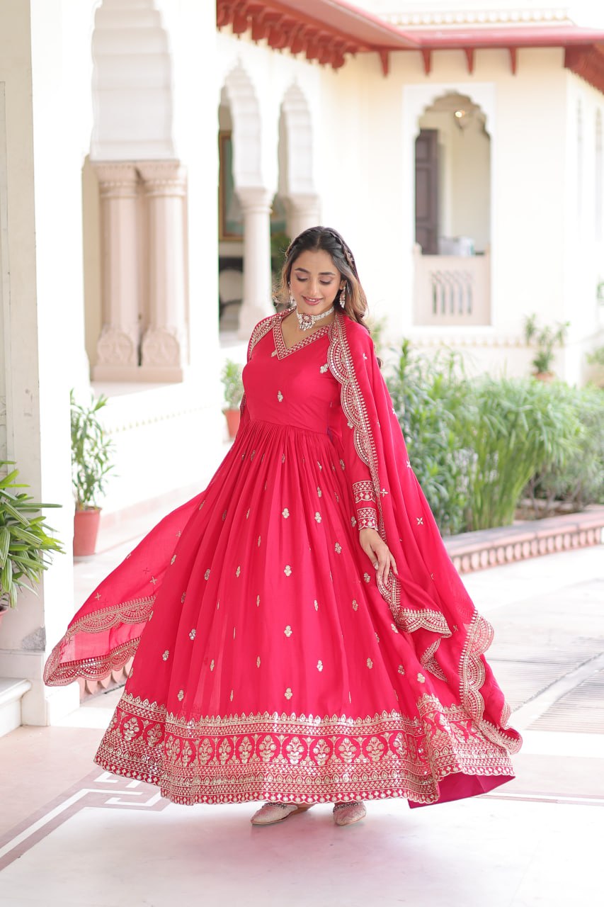 Premium Rani Vichitra Silk Gown with Dupatta for Women – Ethnic Party Wear