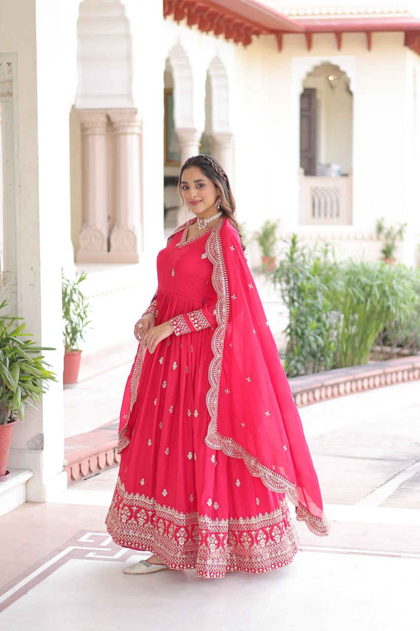 Premium Rani Vichitra Silk Gown with Dupatta for Women – Ethnic Party Wear