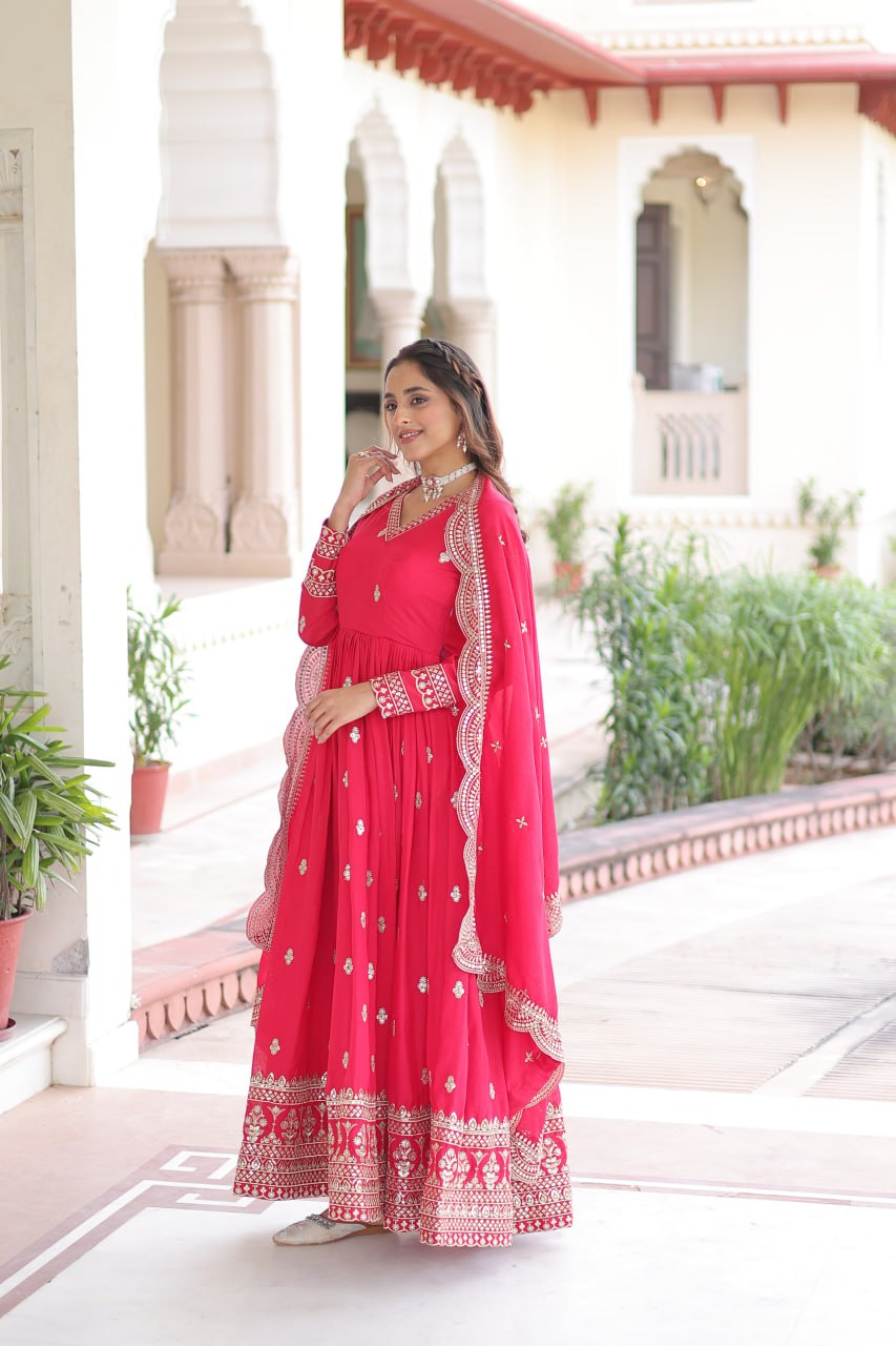 Premium Rani Vichitra Silk Gown with Dupatta for Women – Ethnic Party Wear