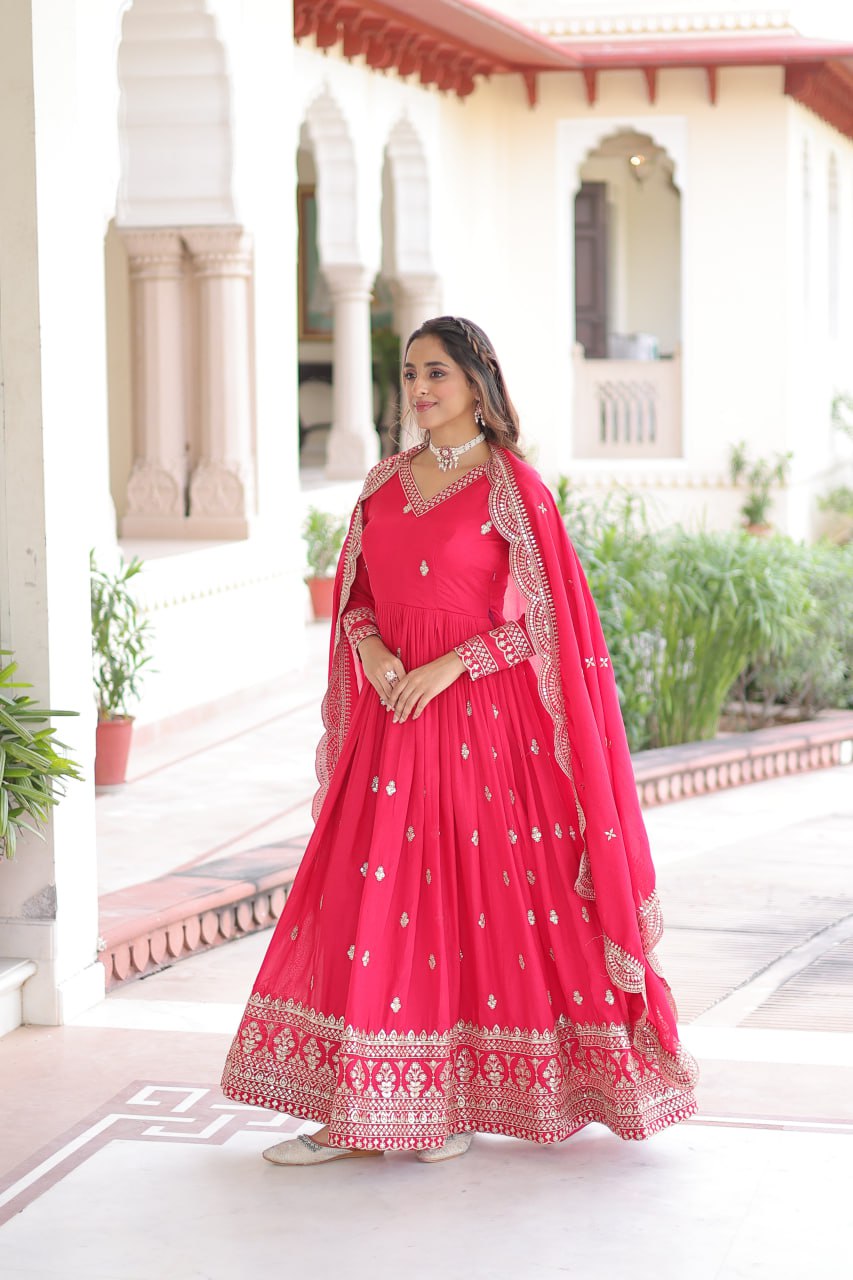 Premium Rani Vichitra Silk Gown with Dupatta for Women – Ethnic Party Wear