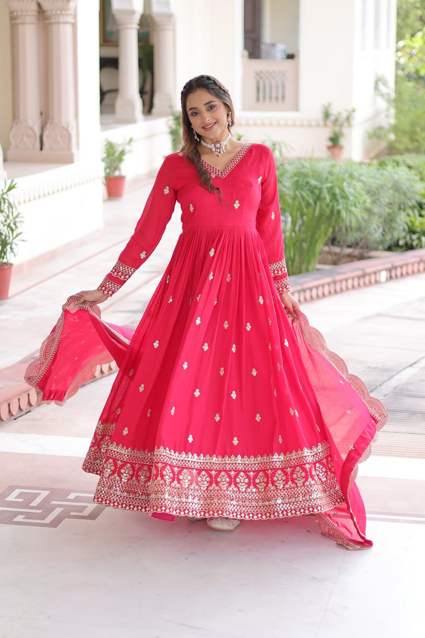Premium Rani Vichitra Silk Gown with Dupatta for Women – Ethnic Party Wear