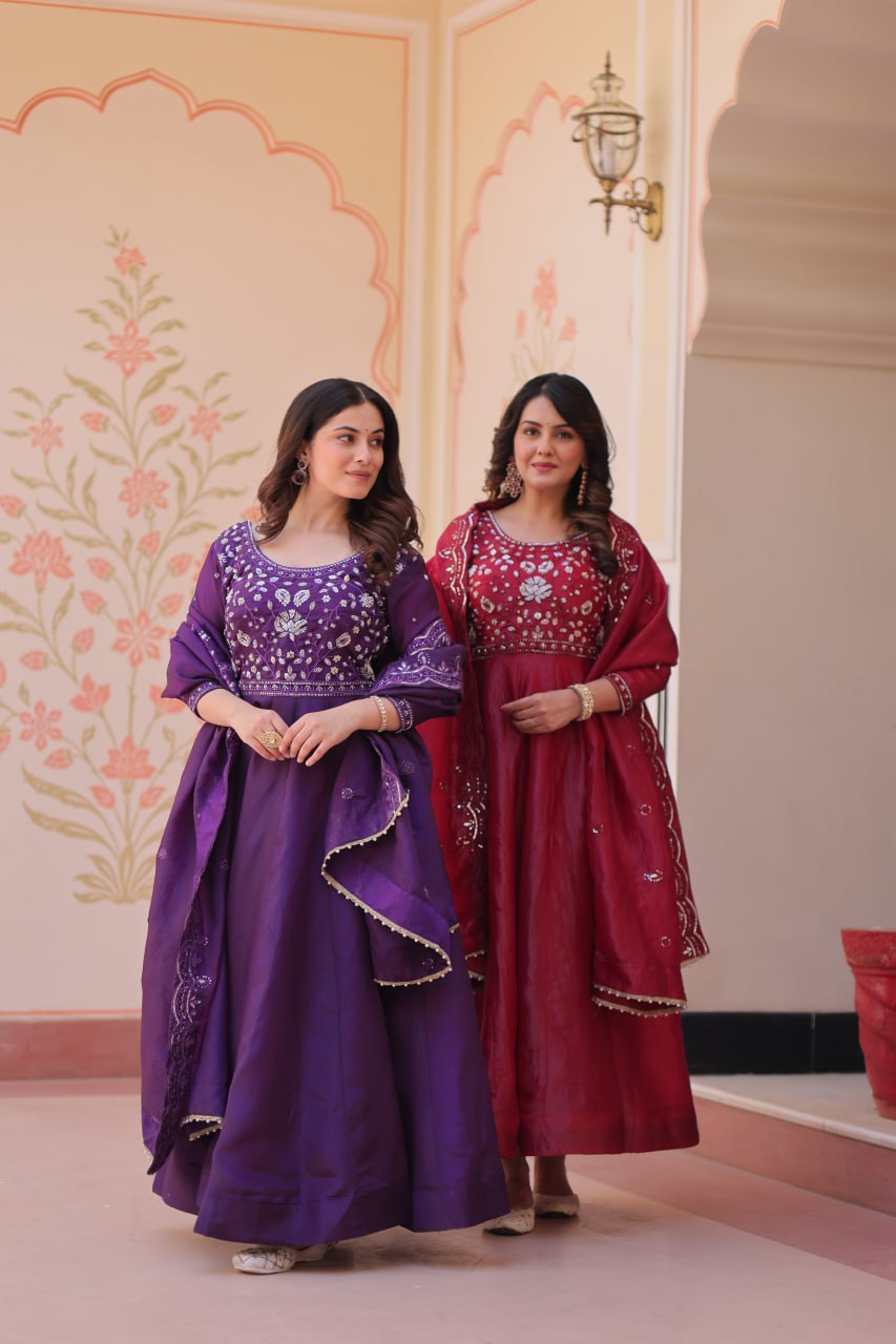 Gown with Dupatta for Women – Beads Embroidered Festive Ethnic Wear