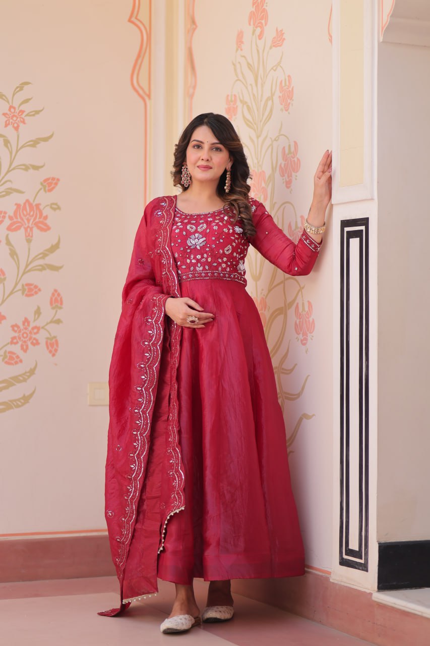 Gown with Dupatta for Women – Beads Embroidered Festive Ethnic Wear