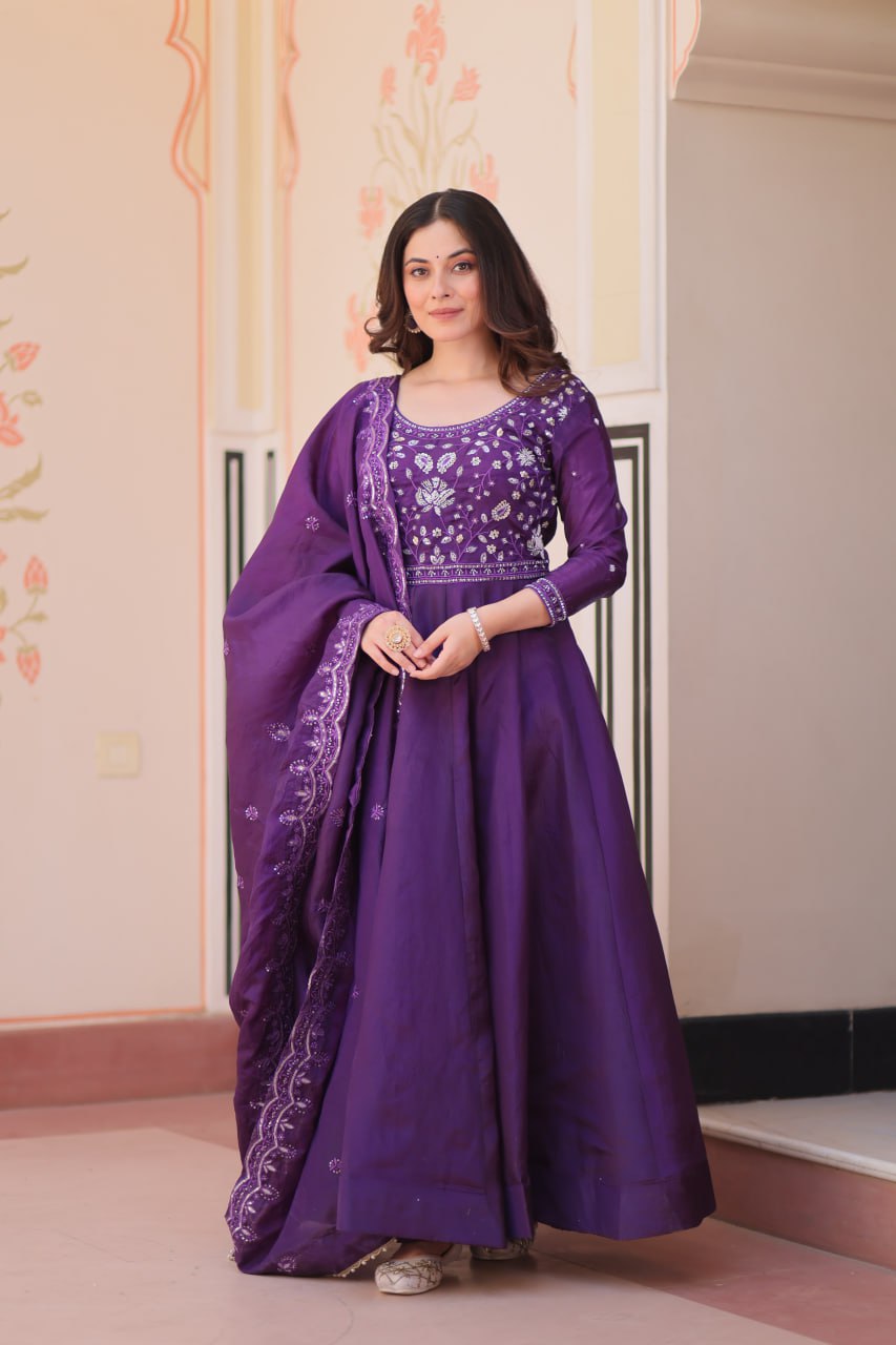 Gown with Dupatta for Women – Beads Embroidered Festive Ethnic Wear