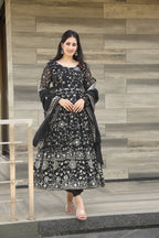 Black Georgette Heavy Embroidered Kali-Cut Anarkali Suit Set