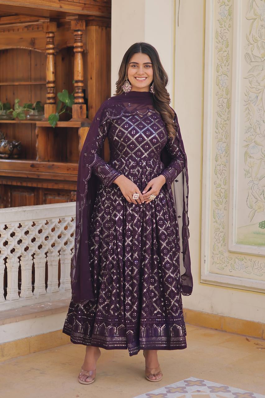 Festive Wear Sequins Embroidered Gown with Dupatta