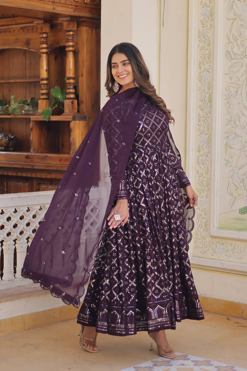 Festive Wear Sequins Embroidered Gown with Dupatta