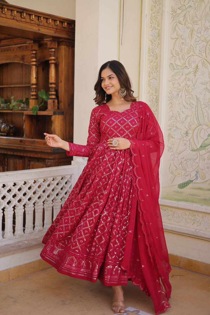 Festive Wear Sequins Embroidered Gown with Dupatta