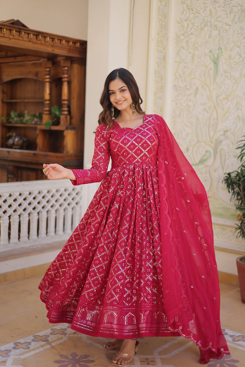 Festive Wear Sequins Embroidered Gown with Dupatta