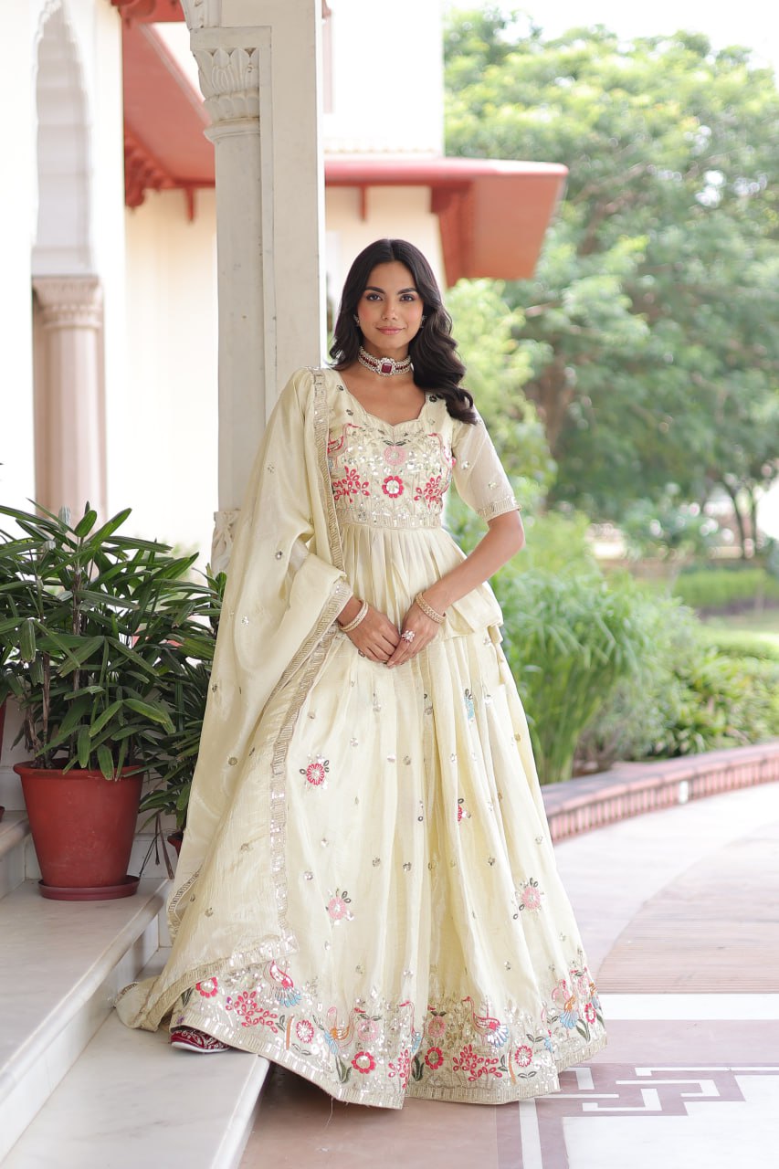 Premium Readymade Cream Designer Lehenga Choli Set