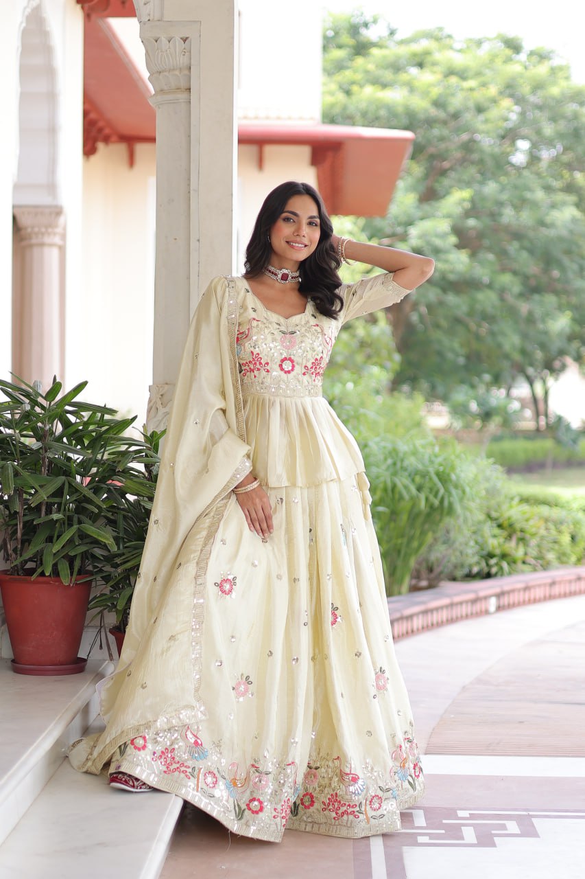 Premium Readymade Cream Designer Lehenga Choli Set