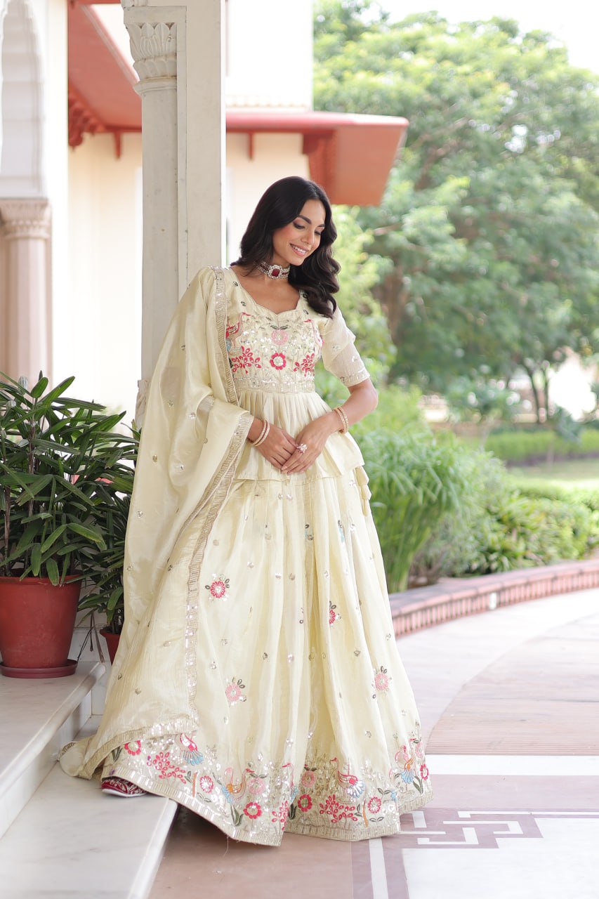 Premium Readymade Cream Designer Lehenga Choli Set