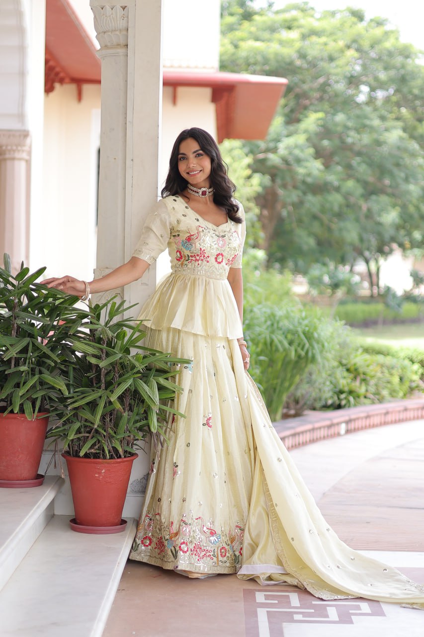 Premium Readymade Cream Designer Lehenga Choli Set