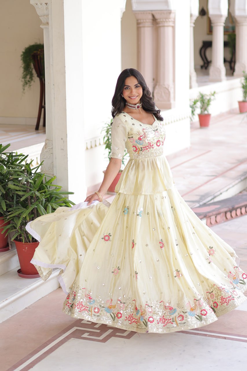 Premium Readymade Cream Designer Lehenga Choli Set