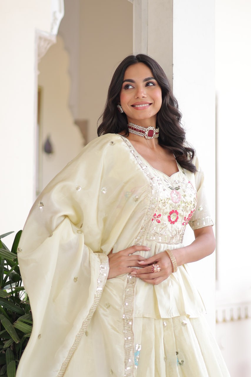 Premium Readymade Cream Designer Lehenga Choli Set