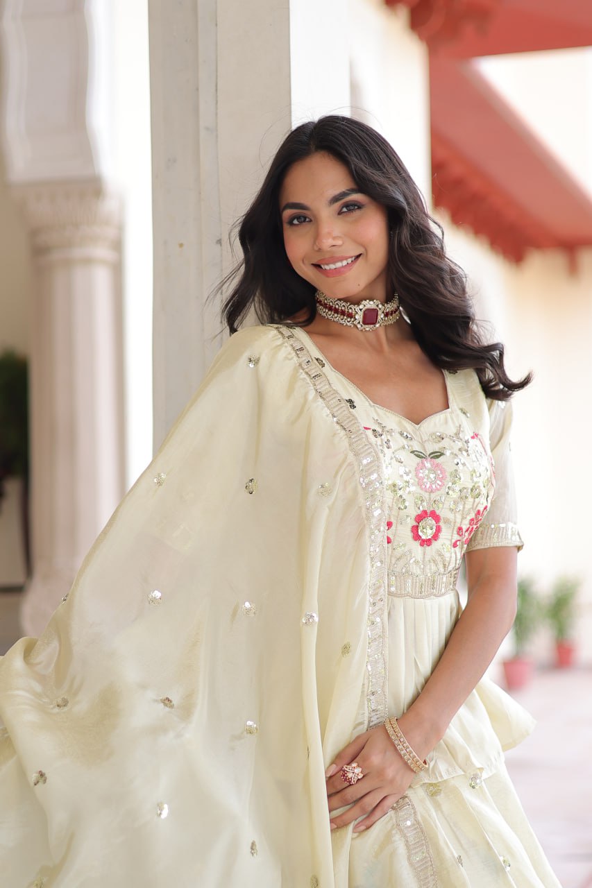 Premium Readymade Cream Designer Lehenga Choli Set