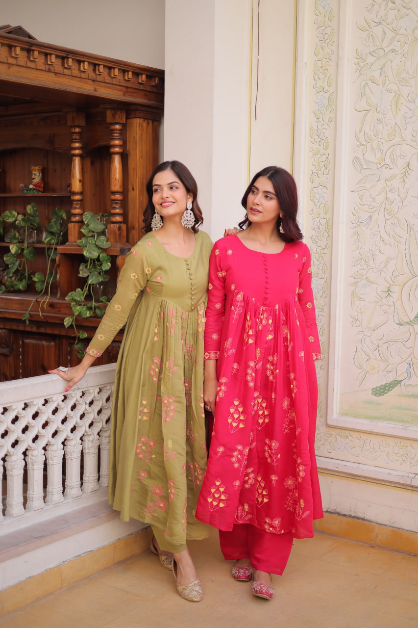 Premium Mal Chanderi Embroidered Kurti with Pant Set