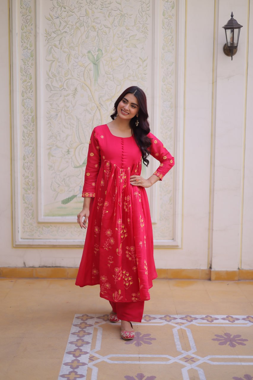 Premium Mal Chanderi Embroidered Kurti with Pant Set