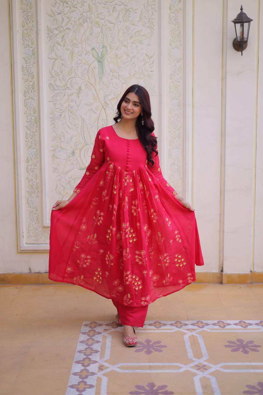 Premium Mal Chanderi Embroidered Kurti with Pant Set