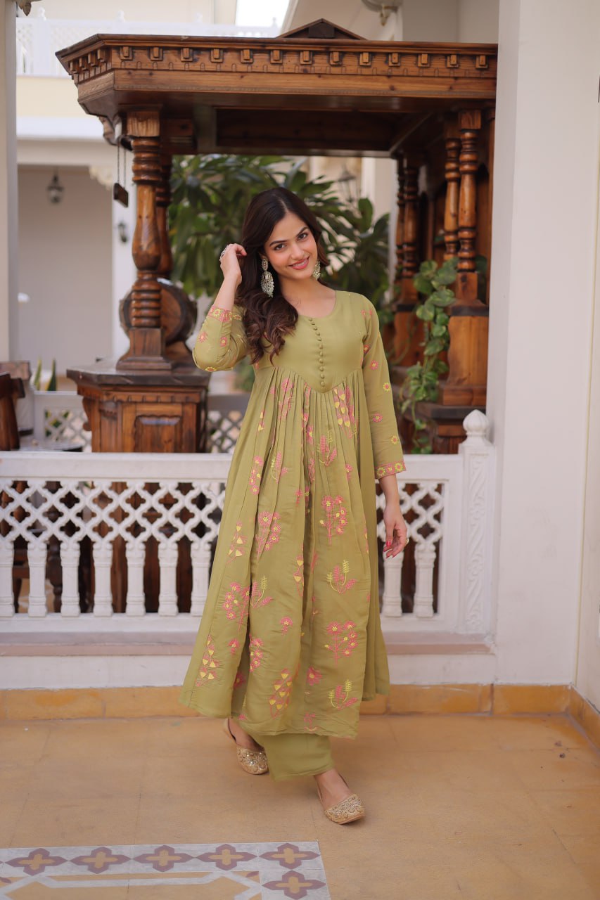 Premium Mal Chanderi Embroidered Kurti with Pant Set