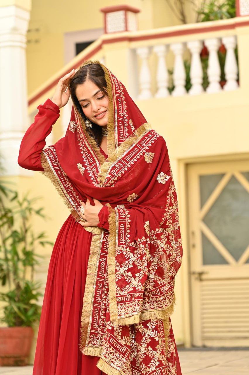 Premium Designer Red Embroidered Anarkali Gown with Dupatta Set