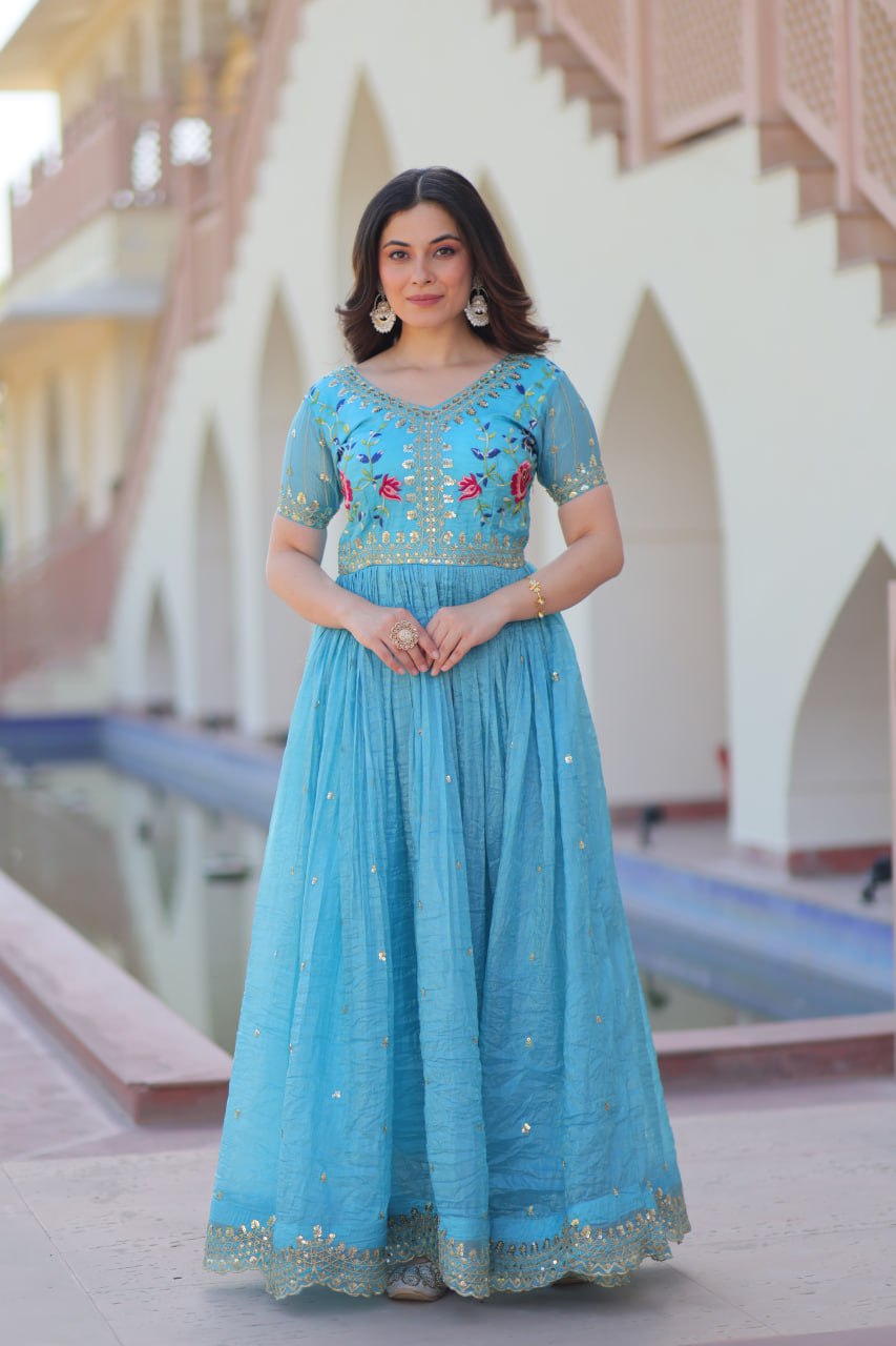 Premium Designer Gold Crush Embroidered Flared Gown