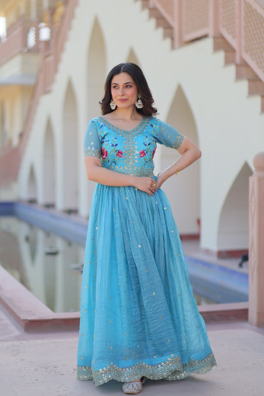 Premium Designer Gold Crush Embroidered Flared Gown