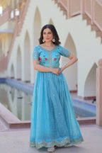 Premium Designer Gold Crush Embroidered Flared Gown