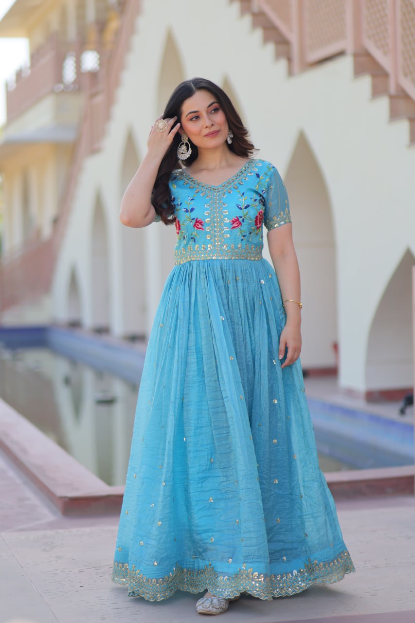 Premium Designer Gold Crush Embroidered Flared Gown