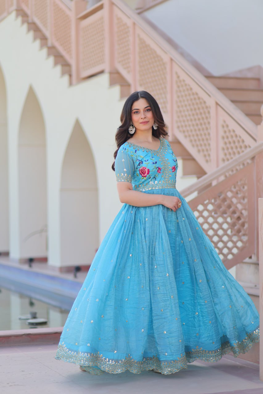 Premium Designer Gold Crush Embroidered Flared Gown