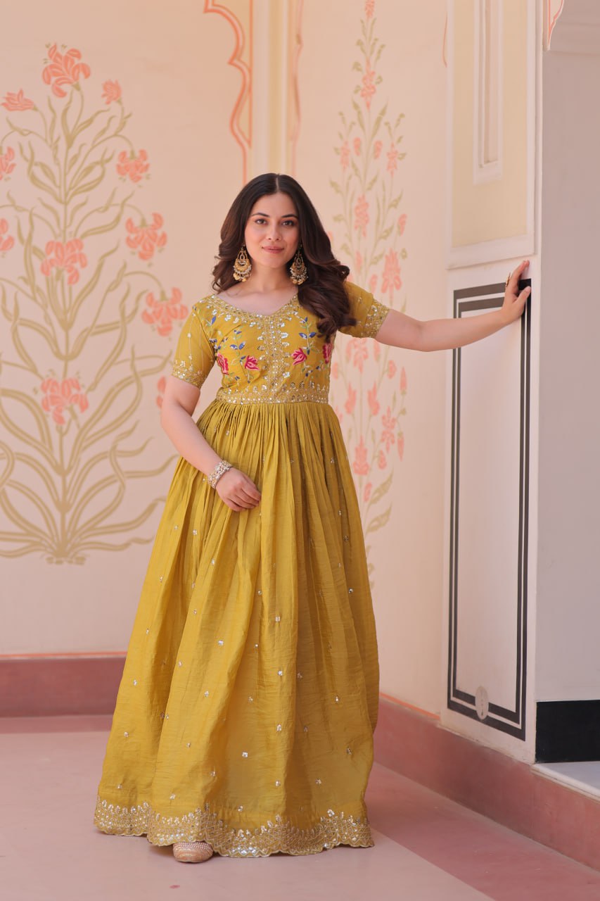 Premium Designer Gold Crush Embroidered Flared Gown