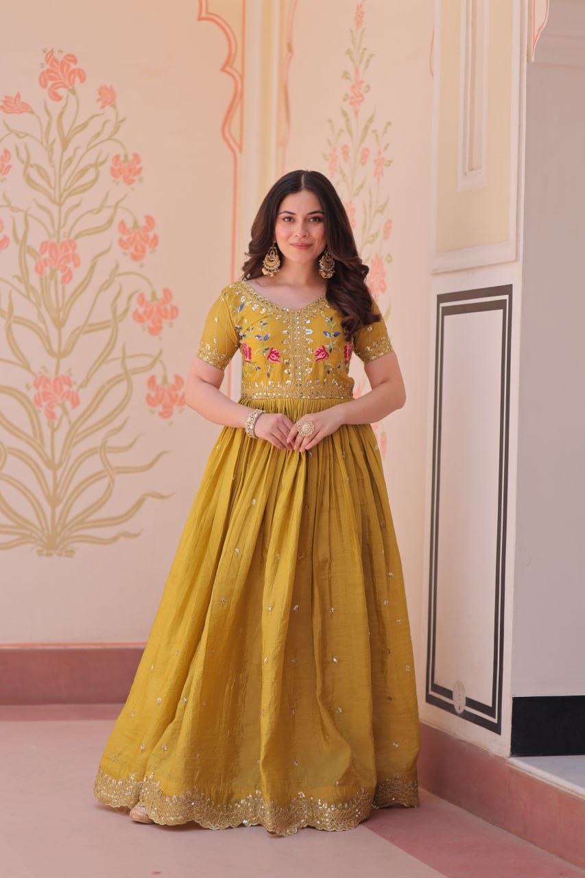 Premium Designer Gold Crush Embroidered Flared Gown