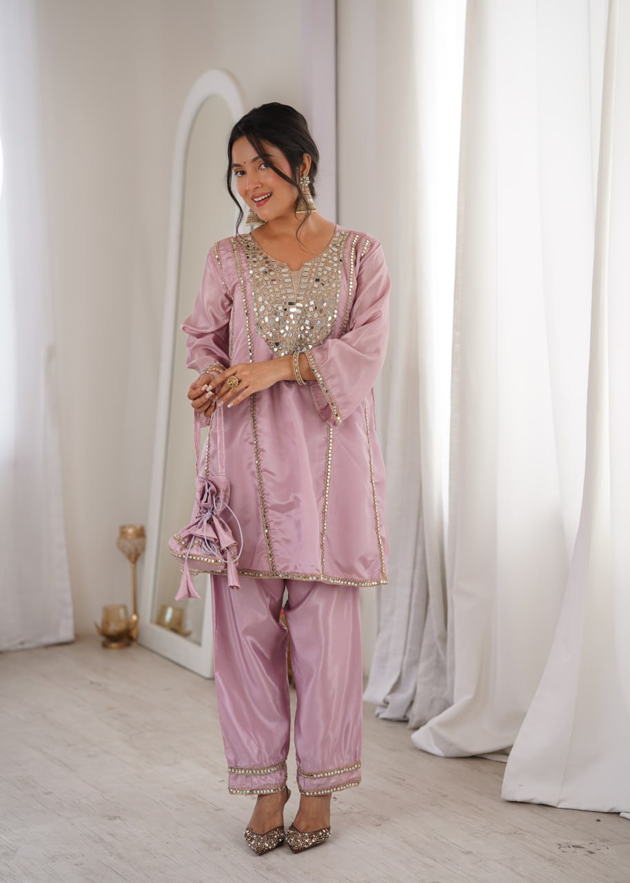 Premium Mirror Embroidered Kurti Pant Set with Batwa | Party Wear Outfit