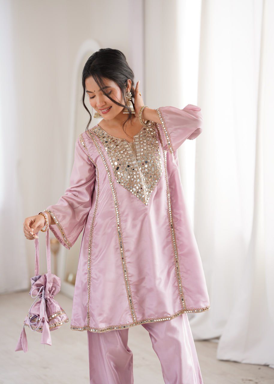 Premium Mirror Embroidered Kurti Pant Set with Batwa | Party Wear Outfit