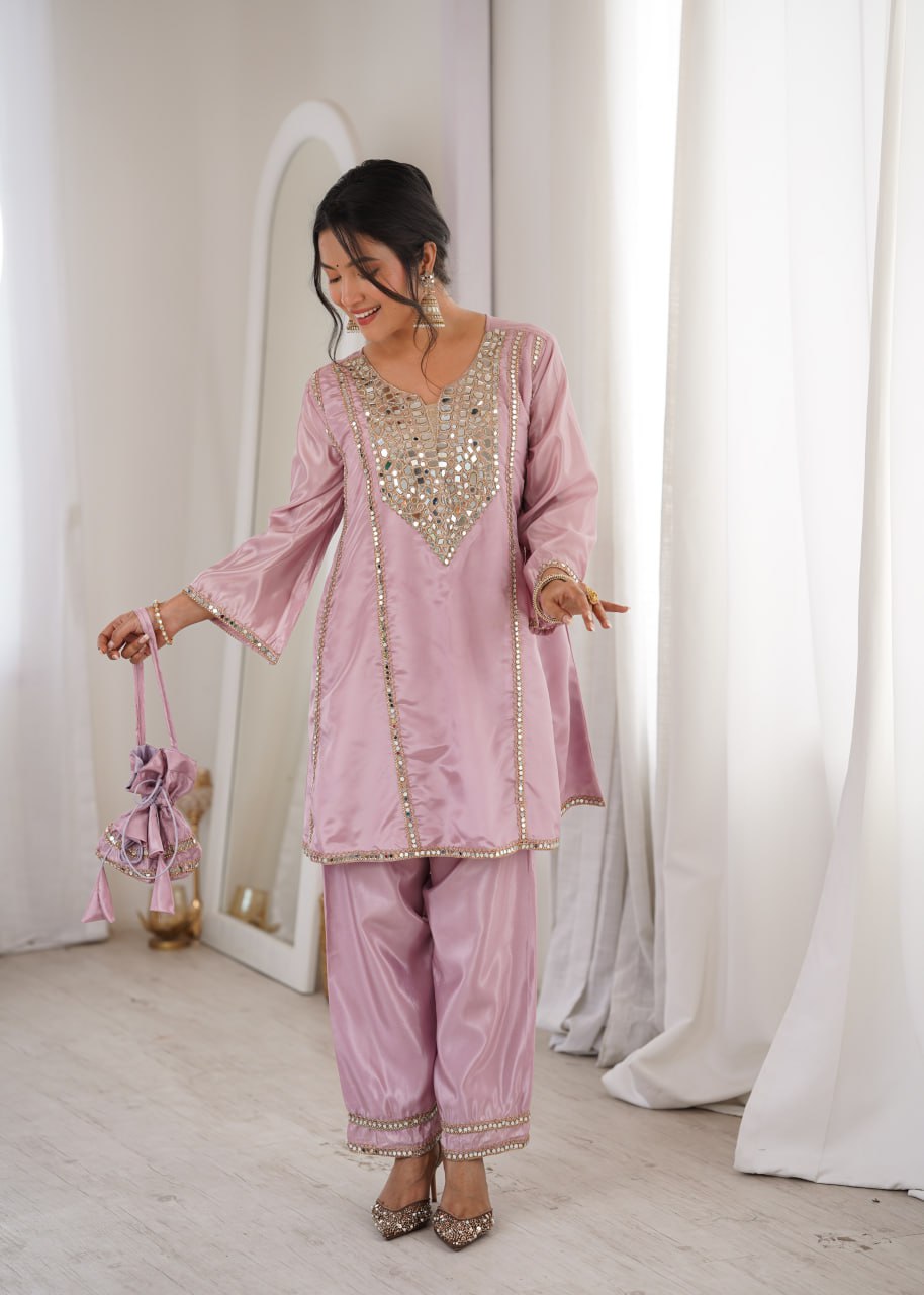 Premium Mirror Embroidered Kurti Pant Set with Batwa | Party Wear Outfit