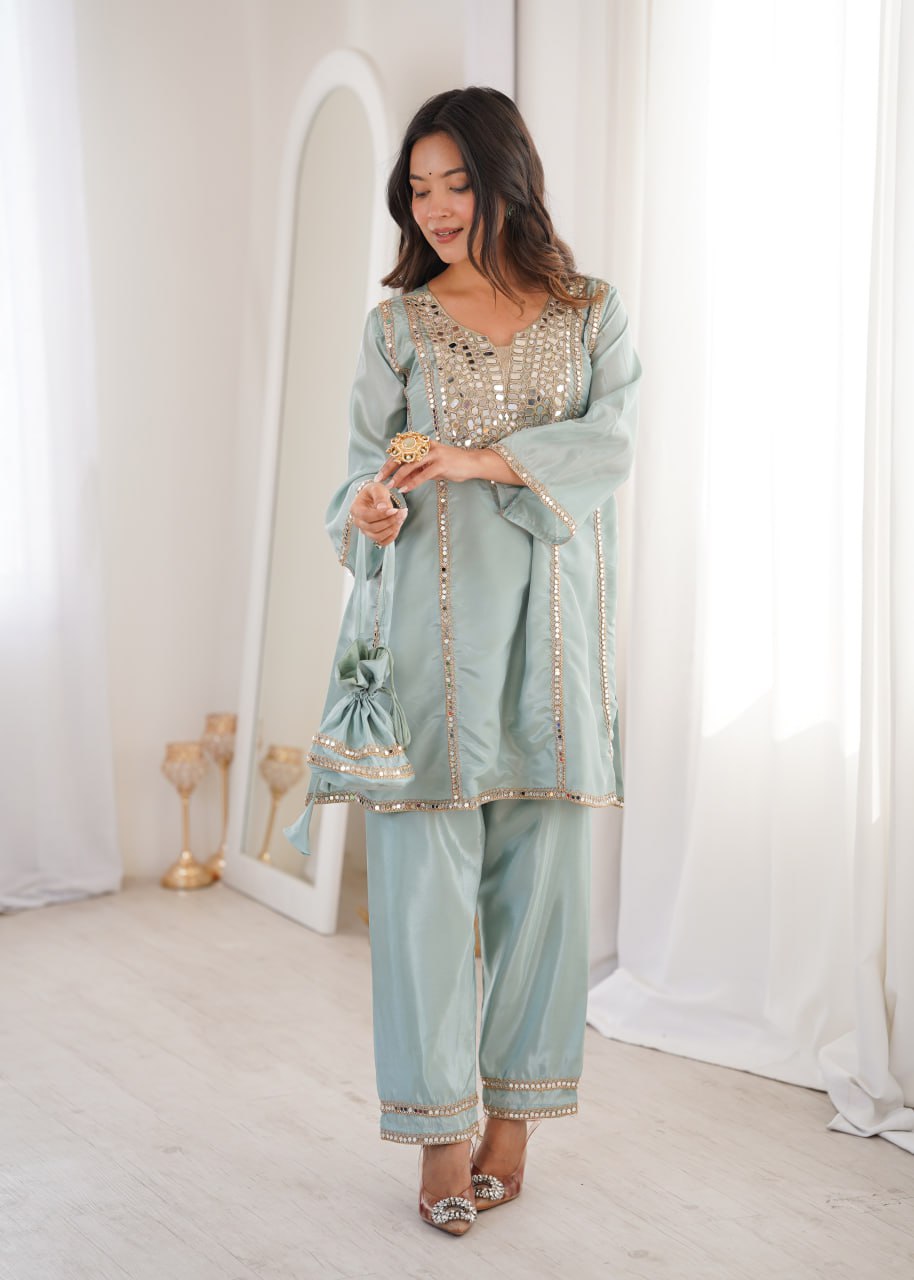 Premium Mirror Embroidered Kurti Pant Set with Batwa | Party Wear Outfit