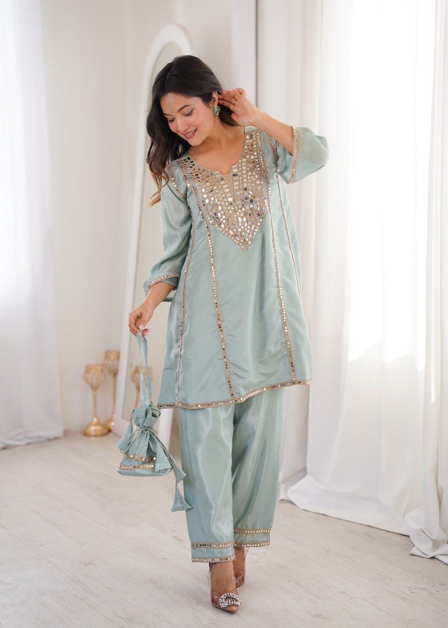 Premium Mirror Embroidered Kurti Pant Set with Batwa | Party Wear Outfit