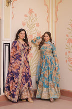 Premium Floral Digital Print Gown with Embroidered Dupatta Set