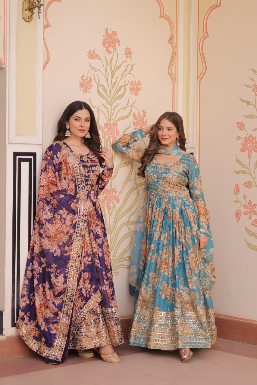 Premium Floral Digital Print Gown with Embroidered Dupatta Set