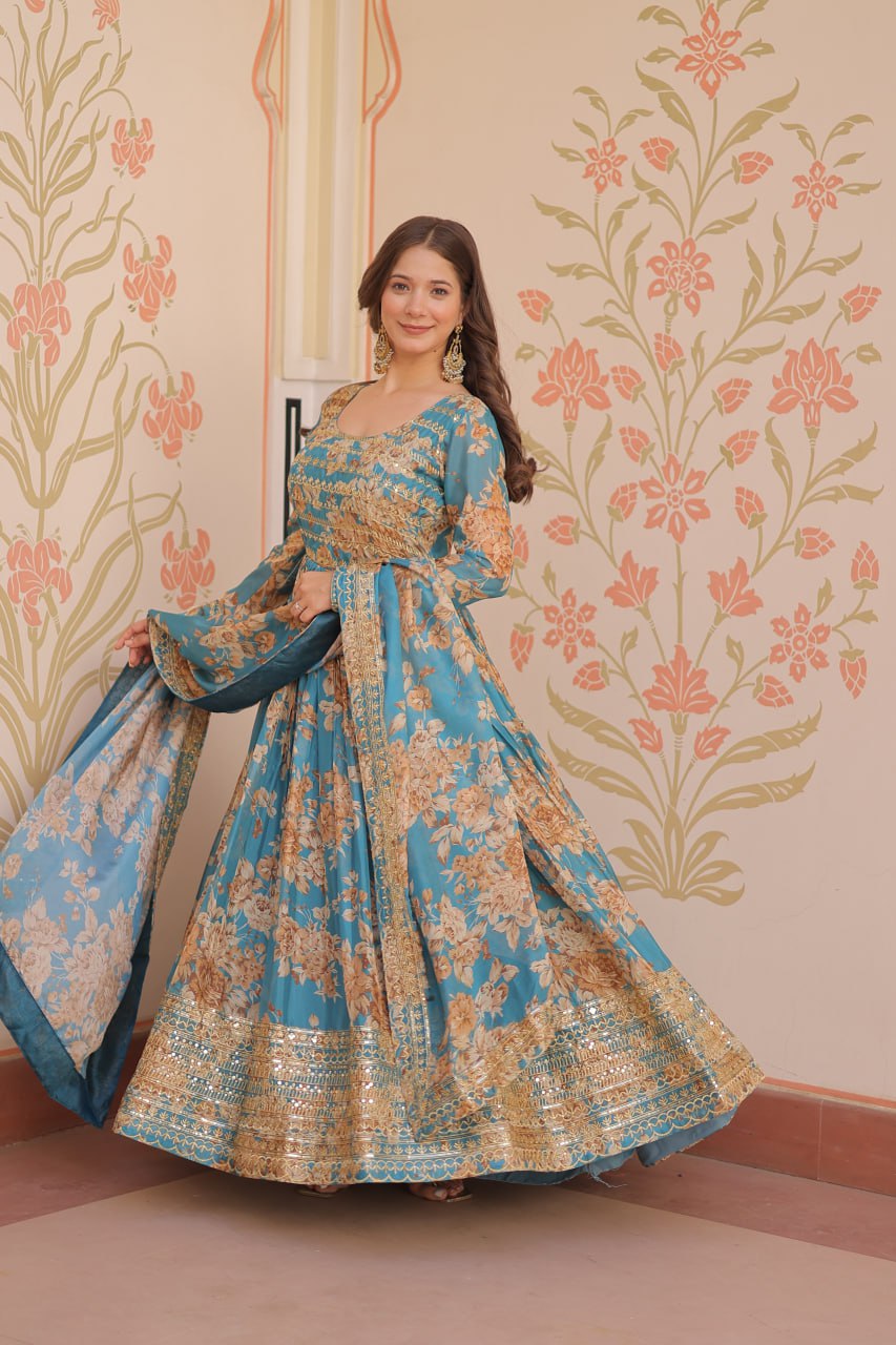 Premium Floral Digital Print Gown with Embroidered Dupatta Set