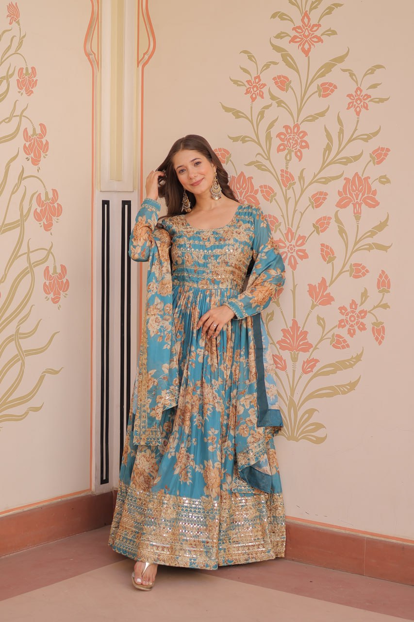 Premium Floral Digital Print Gown with Embroidered Dupatta Set